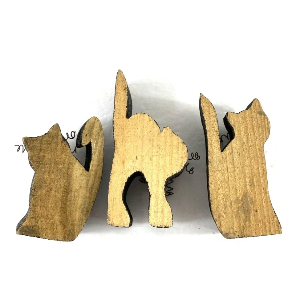 3 Vintage Wood Cats Hand Carved Whiskers Figurines Halloween